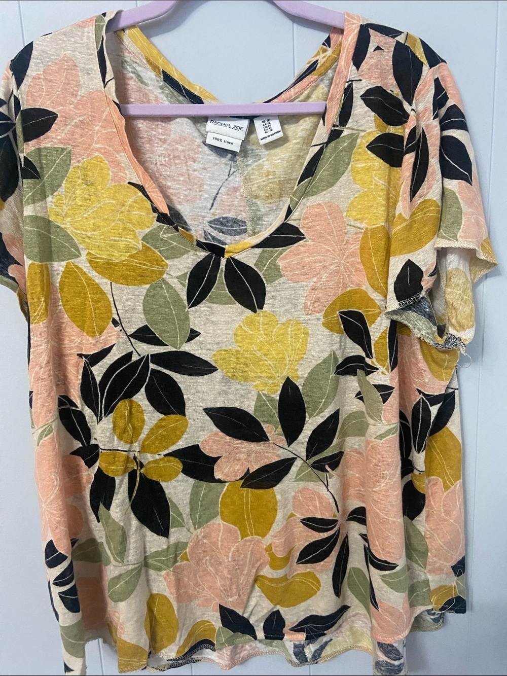 100% linen Short Sleeve Floral V-Neck Top in Cream, Pink & Mustard